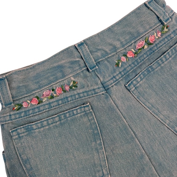 Vintage Street Worn Denim Skirt | Size 12 | Made in USA | Floral Embroidery - Picture 1 of 6